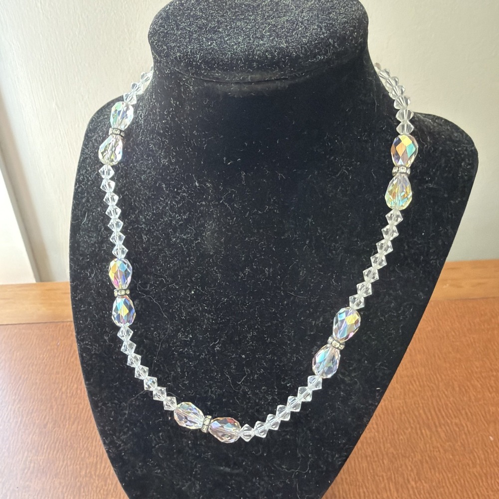 Vintage Aurora Borealis Faceted Crystal Beaded 18" Necklace Fish Hook Closure